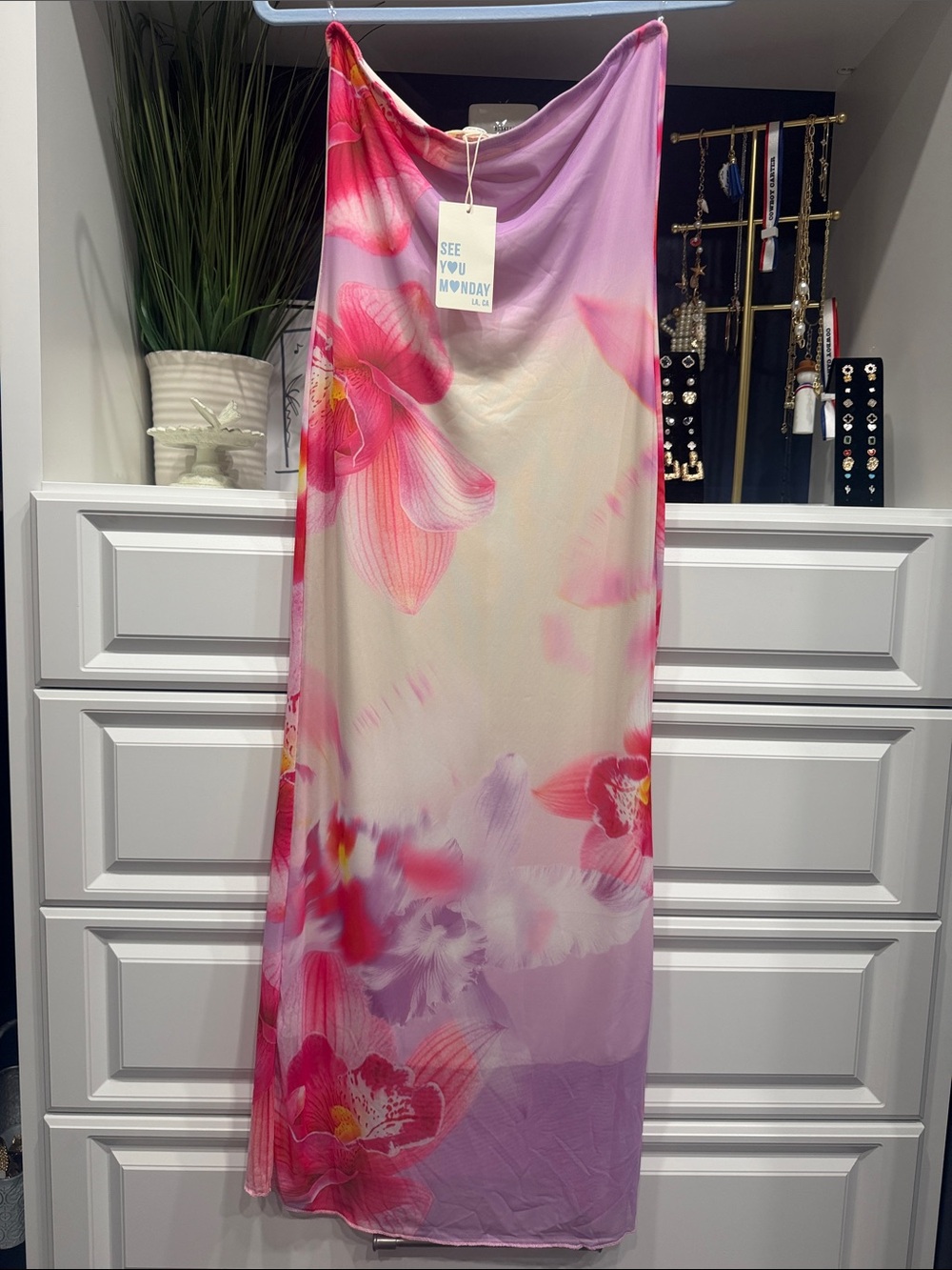 See You Monday Pink Trim Cream Strapless Dress SZ L
